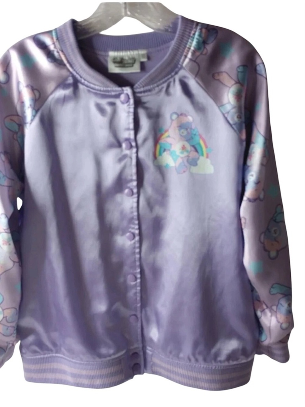 Care Bears Girls Satin Bomber Jacket Size M 8 Purple Rainbow Bear Snap Front